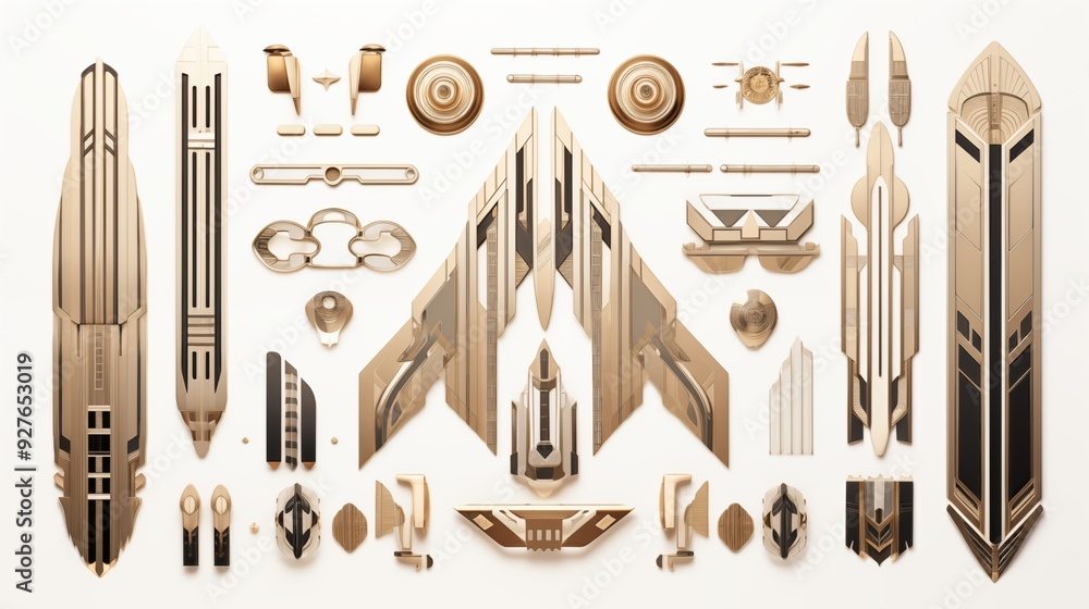 Poster a collection of futuristic art deco parts and components arranged in an artistic layout. the pieces 