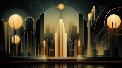 A futuristic art deco cityscape with golden geometric shapes, tall structures, and circular elements. The design features a blend of art deco and modern aesthetics. © Aleksander
