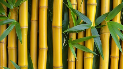 Obraz premium Yellow Bamboo Stalks and Leaves, Background of Nature Building Material, Renewable Resource Concept