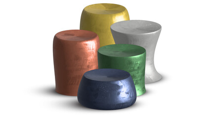 5 3d metal table pedestal stands clean style for product banner, gold silver copper green and blue