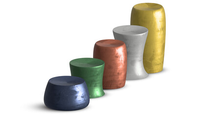 5 3d metal table pedestal stands clean style for product banner, gold silver copper green and blue