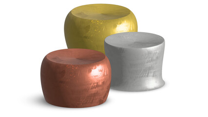 3 3d metal table pedestal stands clean style for product banner, gold silver and copper