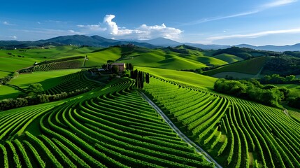 Fototapeta premium Rolling hills of Tuscany, cypress trees and vineyards, golden hour, 