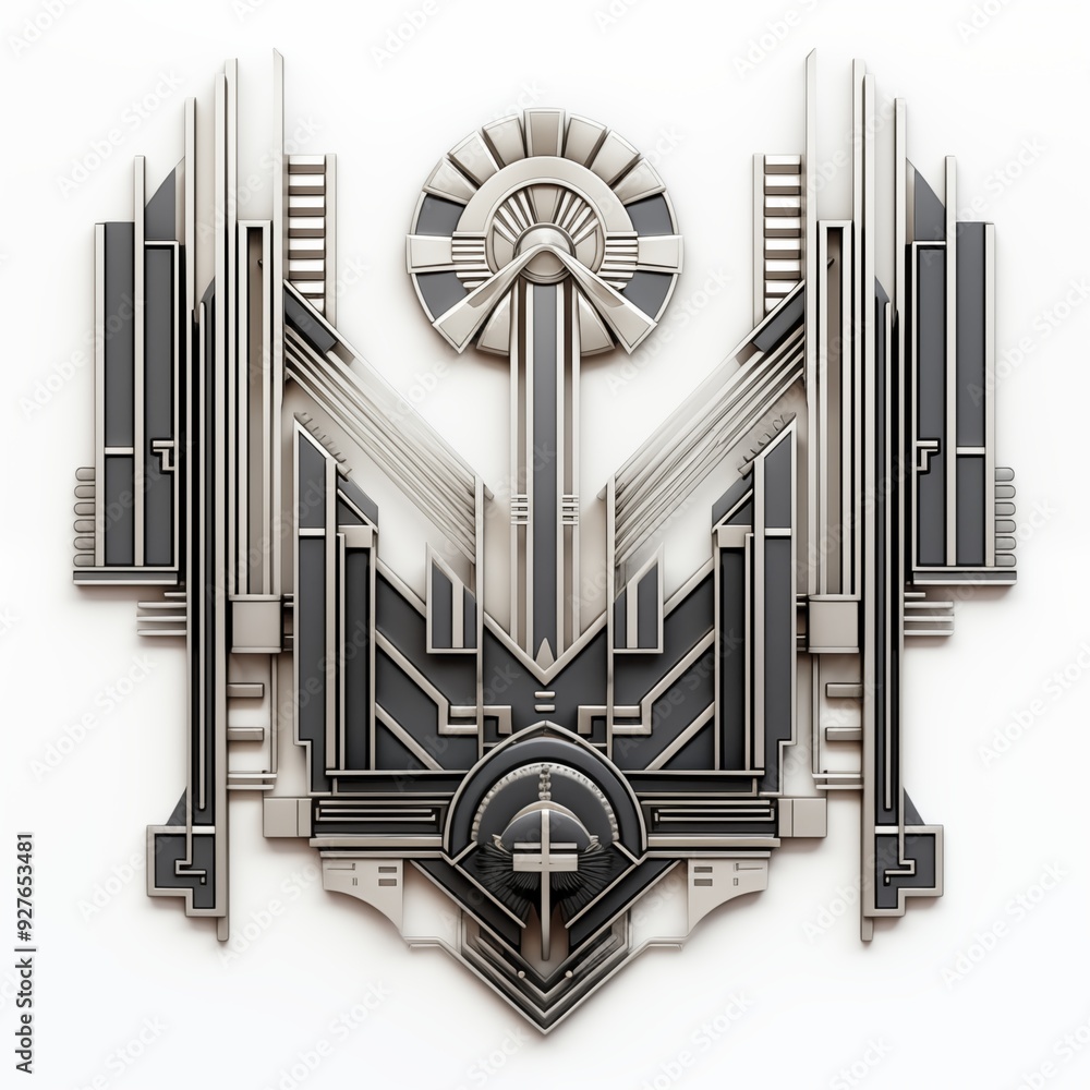 Poster a geometric, abstract art deco design featuring a combination of lines, shapes, and patterns in a me
