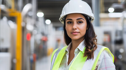 Latino Female Worker in a White Hard Hat and Reflective Vest Walks Through a Manufacturing Facility