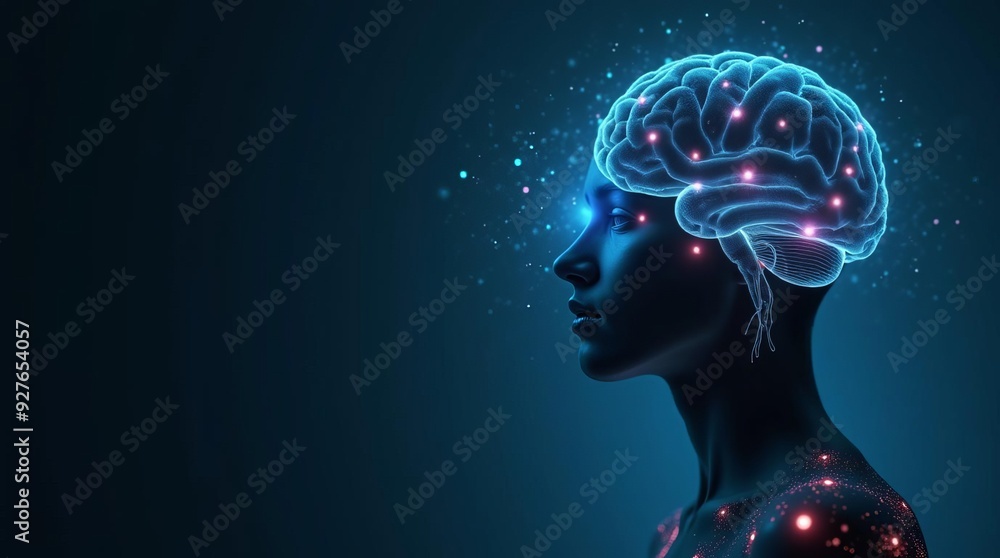 Poster artificial intelligence concept: glowing brain network in human silhouette illustrating cognitive te