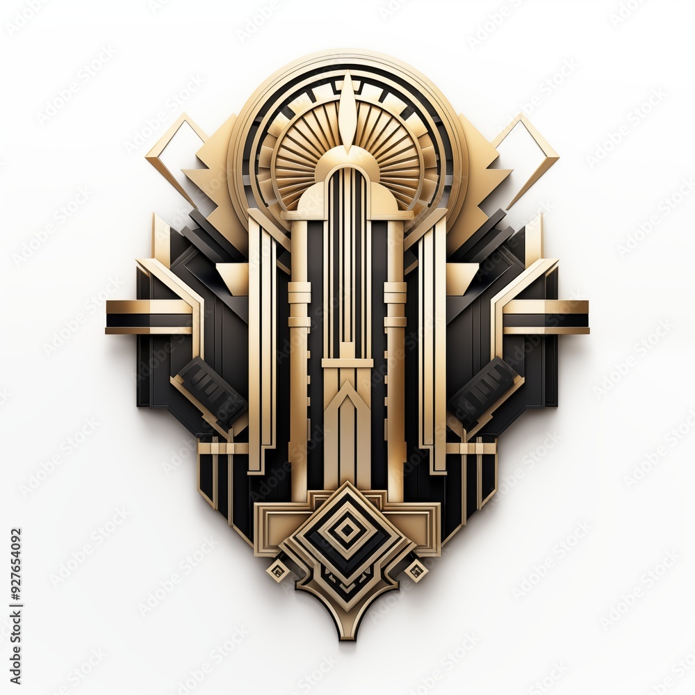 Poster a stylized art deco design featuring geometric shapes and intricate patterns in gold and black. the 