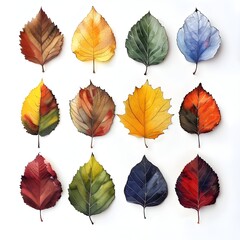 Obraz premium Vibrant Watercolor Autumn Leaf Assortment on White Background