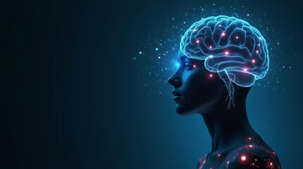 Artificial Intelligence Concept: Glowing Brain Network in Human Silhouette Illustrating Cognitive Technology and Machine Learning