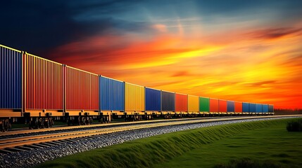 Fototapeta premium Long freight train with colorful containers curving on track at sunset, dramatic sky backdrop