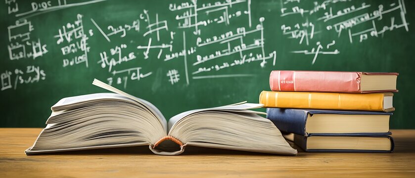 Open book with stacked books on wooden desk, green chalkboard with complex equations behind
