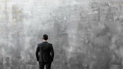 Obraz premium Businessman in formal suit stands confidently, facing blank gray wall, reflecting on future opportunities, contemplating professional goals and strategies for success. Copy space.