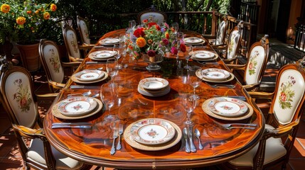 Luxurious dining table setup for a special occasion, with floral centerpiece and elegant tableware