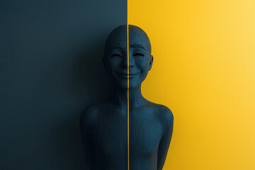 High definition conceptual image of a person merging happy and sad expressions with contrasting lighting techniques One side bright and vibrant symbolizing joy while the other side is shadowed with