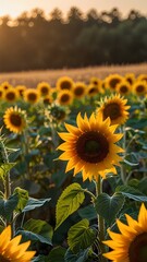 Obraz premium A golden field of sunflowers golden hour with rich yellow petals sun kissed greenery and a pastel colored sky warmth and tranquility of a late summer evening landscape 