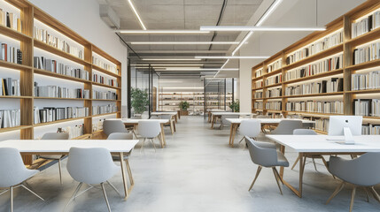 Contemporary coworking space with white walls, concrete flooring, large white desks paired with gray chairs. --ar 16:9 --v 6.1 Job ID: 242b41df-afcf-48d3-92e4-4c468658e8de