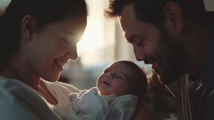 A newborn baby is born in a hospital and the mother and father look at the child with joy