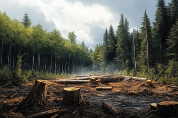 Fototapeta premium Desolate Forest Landscape Post-Logging, With Tree Remnants