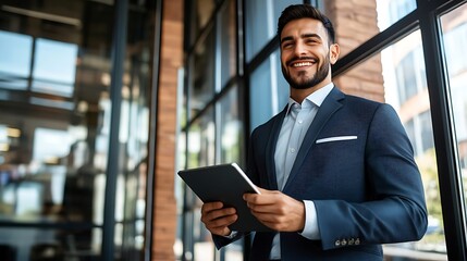 Fototapeta premium A confident Hispanic male in a smart suit smiles while holding a tablet in a modern office setting, showcasing professionalism and success.