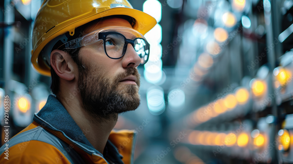 Aufkleber Worker in hard hat and glasses gazes at overhead light network. Generative AI.