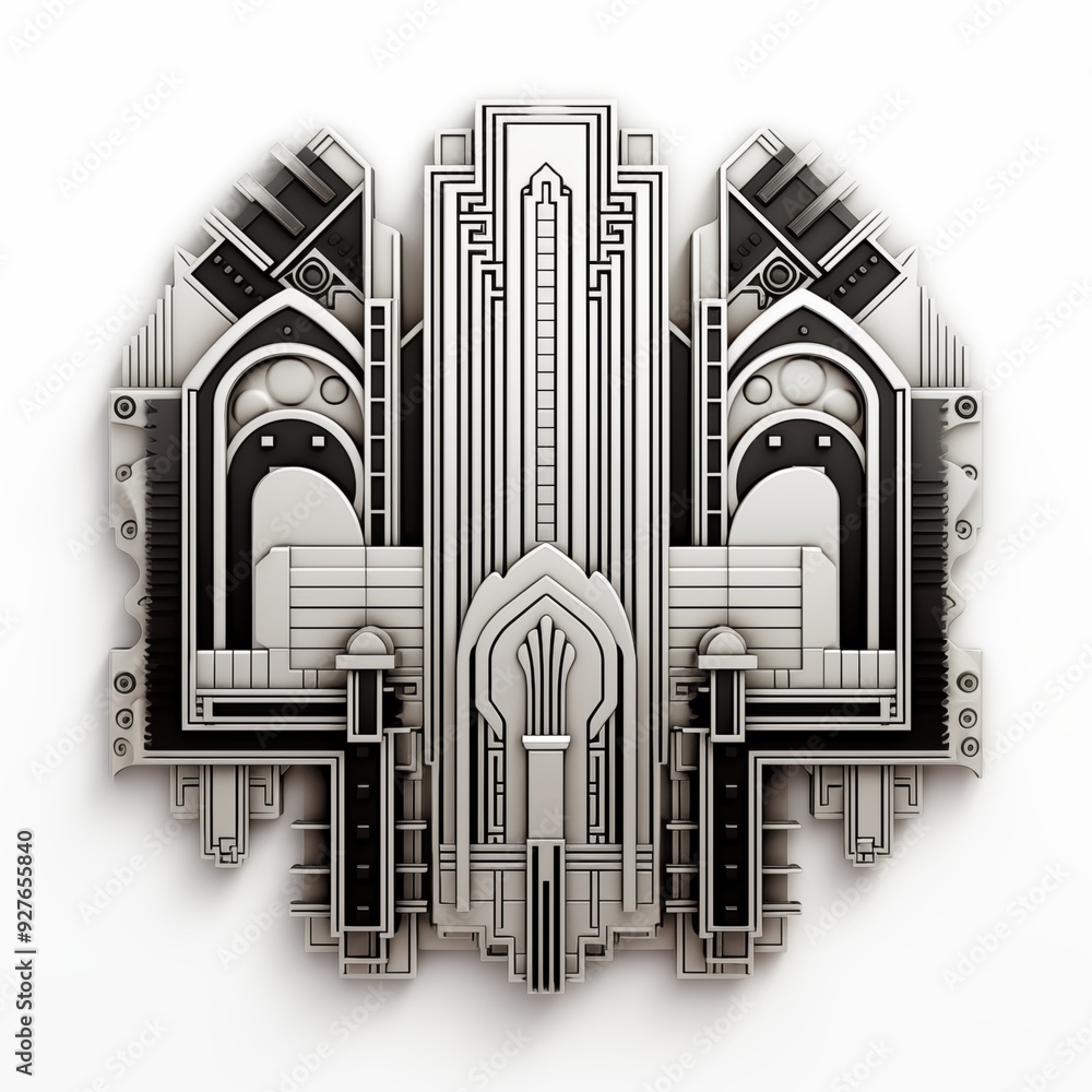 Poster a stylized, abstract architectural art deco design featuring intricate geometric patterns, combining