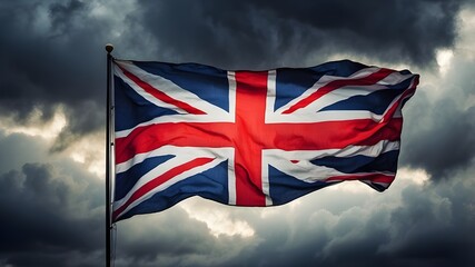 Union Jack banner flapping beneath threatening clouds
