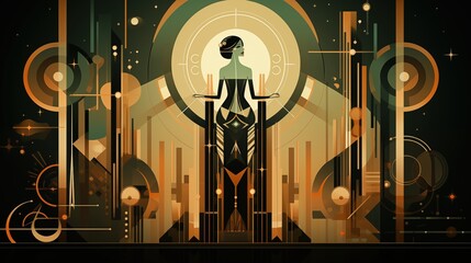 A stylized, abstract art deco illustration featuring a central figure with a geometric design. The color palette includes shades of green, gold, and black, creating a futuristic.