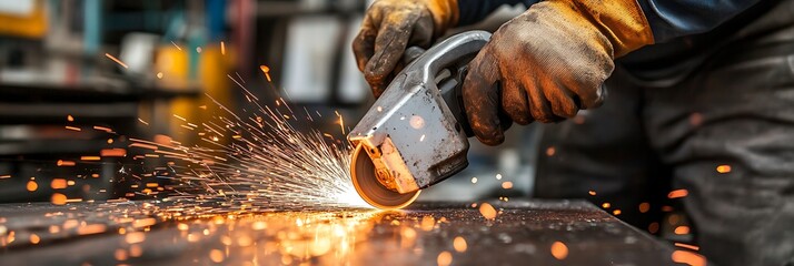 Close-up of person using an angle grinder with sparks flying, protective gloves, industrial workshop setting.
