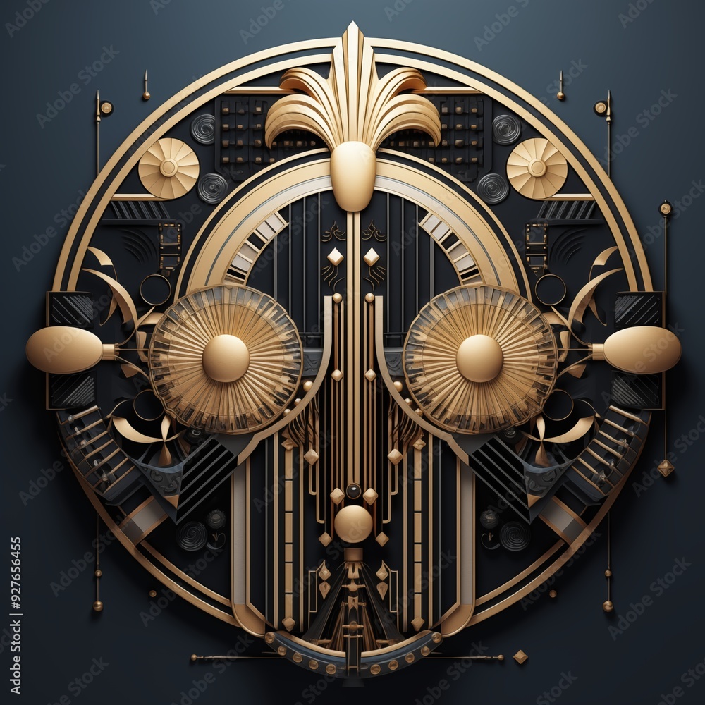 Poster a stylized, abstract art deco design featuring intricate geometric patterns and shapes in gold and b