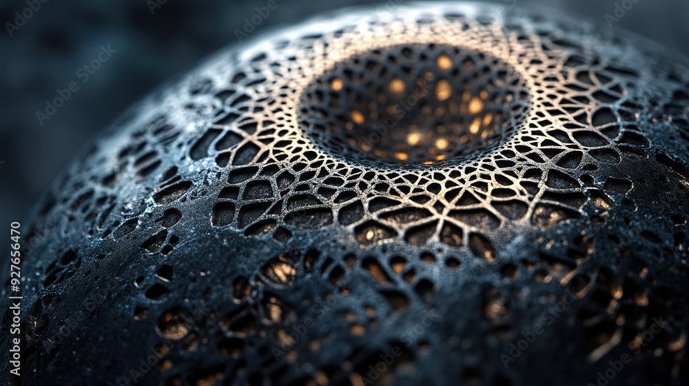 Poster a close-up of a geometric round shape with intricate patterns, spotlighted to bring out the details 