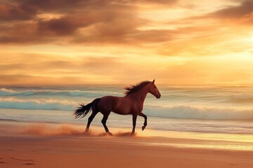 Ocean Sunset Beach with Wild Horse in Graceful Motion