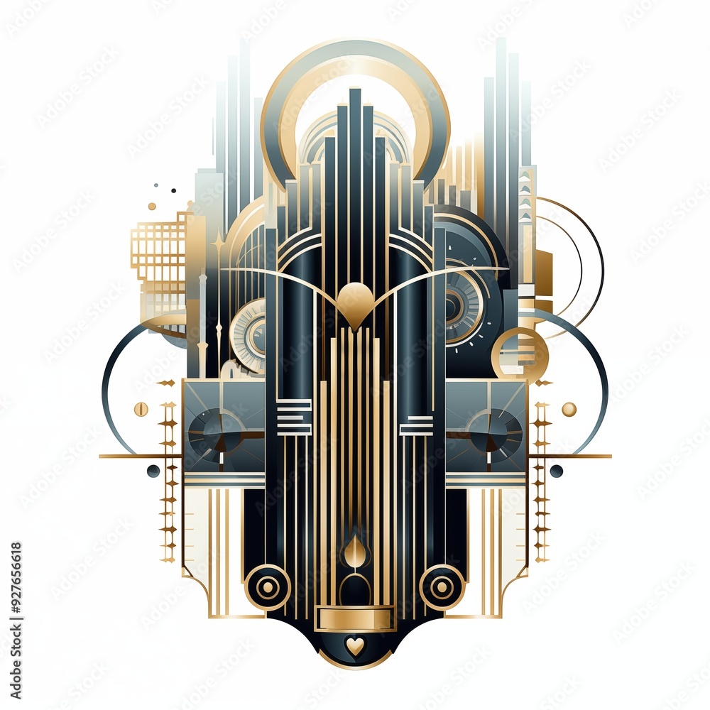 Poster an abstract geometric art deco design featuring a blend of black, gold, and white colors. the compos