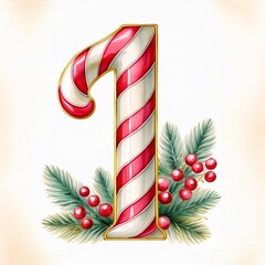 A sophisticated candy cane-shaped Number 1, embellished with holly, berries, and poinsettia, ideal for festive Christmas creations