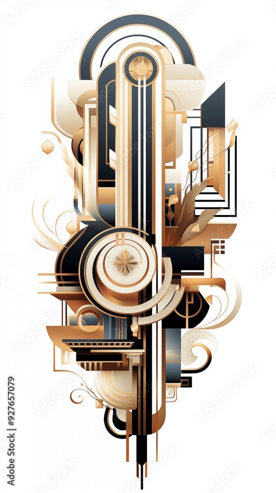 Poster an abstract geometric art deco design featuring a combination of gold, black, and white colors. the 