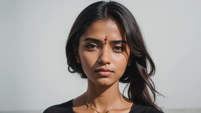 A serene and expressive woman with long dark hair and a red bindi on her forehead gazes directly into the camera. Her calm demeanor is accentuated by a simple black top and minimal jewelry.