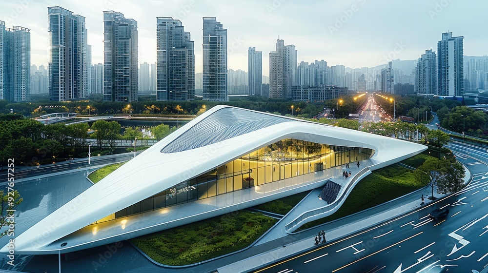 Aufkleber A modern triangular shaped museum building on the edge of an urban park, surrounded by road and footpath in front and behind it with tall buildings around it, aerial view. Generative AI.