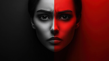 Conceptual high resolution image blending two contrasting emotions of happiness and sadness in a single face Lighting and color enhance the emotional depth while a simple background provides ample
