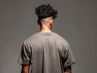 Obraz premium Young man with curly hair poses against a gray background in studio