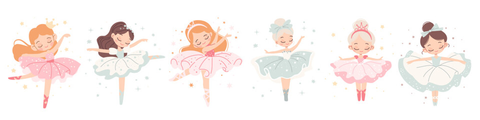Vector collection of cute dancers. Beautiful ballerina princesses dancing on white background. Vector illustration