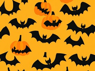 Fototapeta premium Colorful Halloween pumpkins and bats pattern on orange background