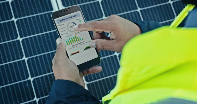 Solar panels, engineering hands and phone screen for data analysis of eco friendly heating, power and energy saving stats. Person on mobile app and photovoltaic grid of graphs, infographics or charts