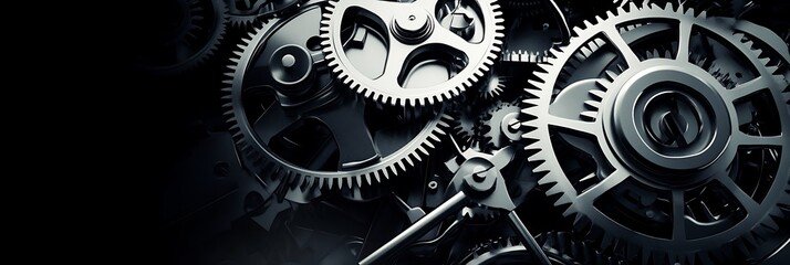 Complex cluster of metallic gears and cogs, intricately interlocked, polished silver, set against a dark background.