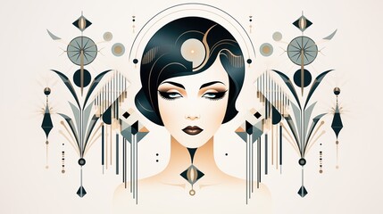 An elegant, art deco stylized portrait of a woman with short black hair and striking makeup, surrounded by geometric patterns and floral designs in muted colors.