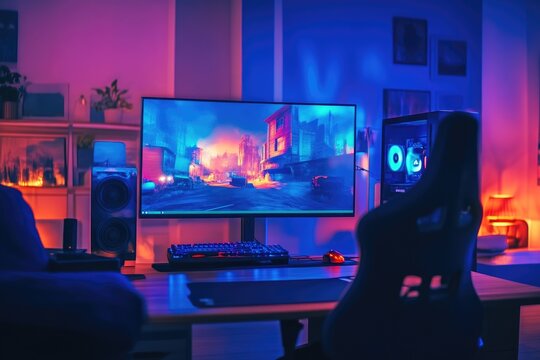 Stylish Gaming Setup Featuring a High-End PC and Action Game