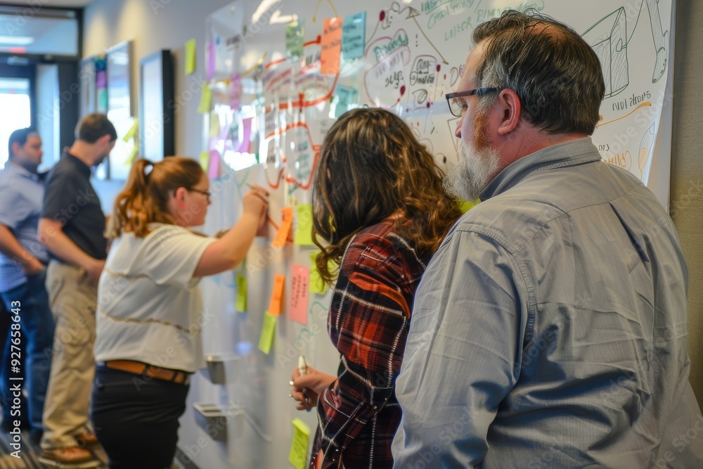 Poster several people standing together, actively discussing and pointing at information displayed on a whi