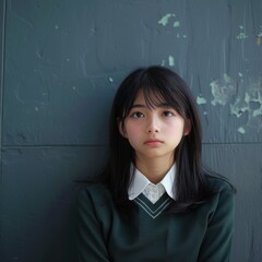 Japanese high school girl posing thoughtfully against a textured wall