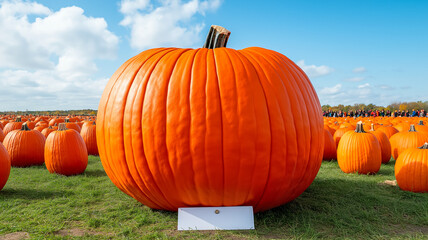 A giant pumpkin at a contest surrounded by smaller pumpkins with a sign indicating its weight and a crowd gathered around festive atmosphere 