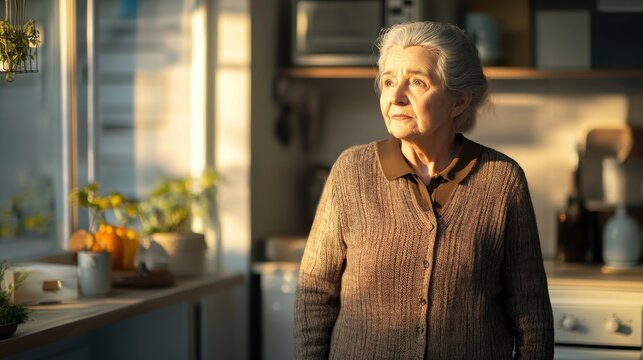 Elderly woman gazing out kitchen window at sunset - Powered by Adobe