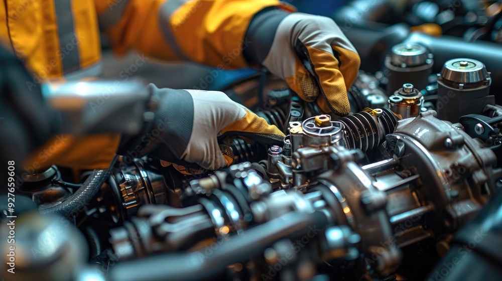 Poster a mechanic hands are repairing a modern engine. generative ai.