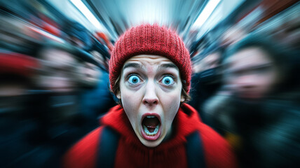 A person being jostled in a crowded space expression of panic with motion blur on the crowd to emphasize the chaos and fear 